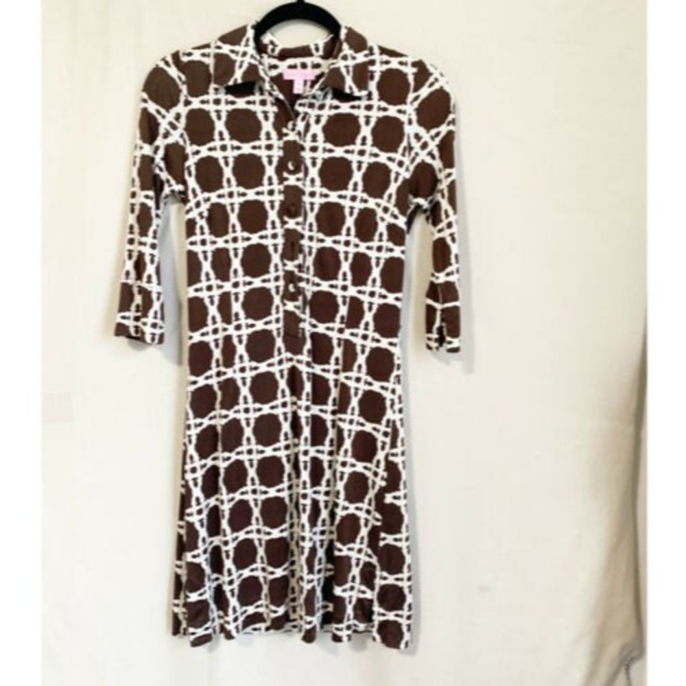 LILLY PULITZER 100% SILK BROWN/CANED WICKER PRINT SHIRT DRESS 2